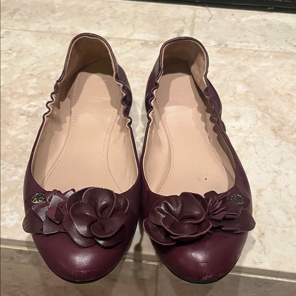 Tory Burch Burgundy Flats with Floral Accent - Picture 4 of 8